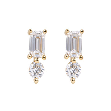 Emerald Cut & Round Diamond Stud