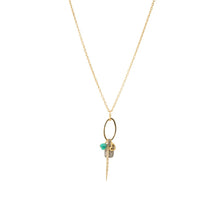 Long Necklace with Emerald, Diamond Encrusted Plate and Heart Charm