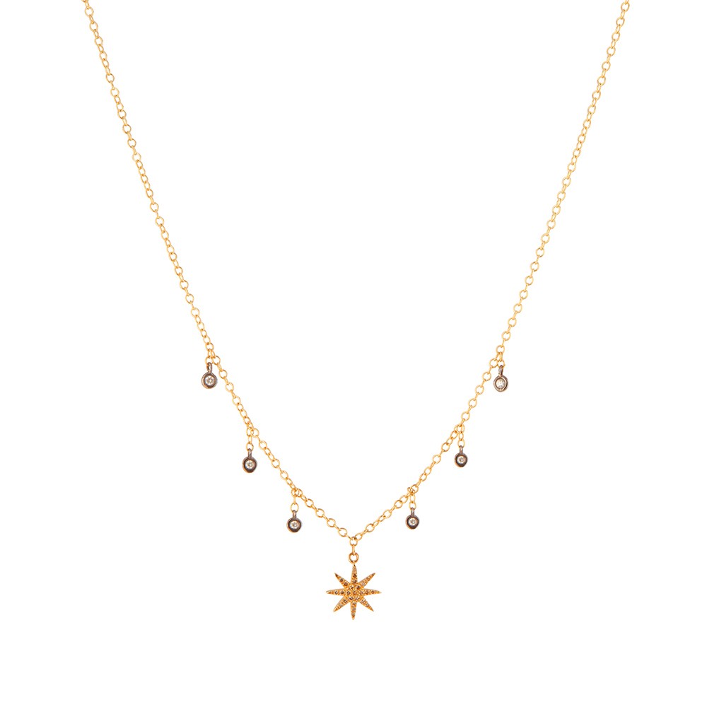 Gold Chain Necklace with Star Burst Charm and Diamond Droplets