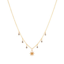 Gold Chain Necklace with Star Burst Charm and Diamond Droplets