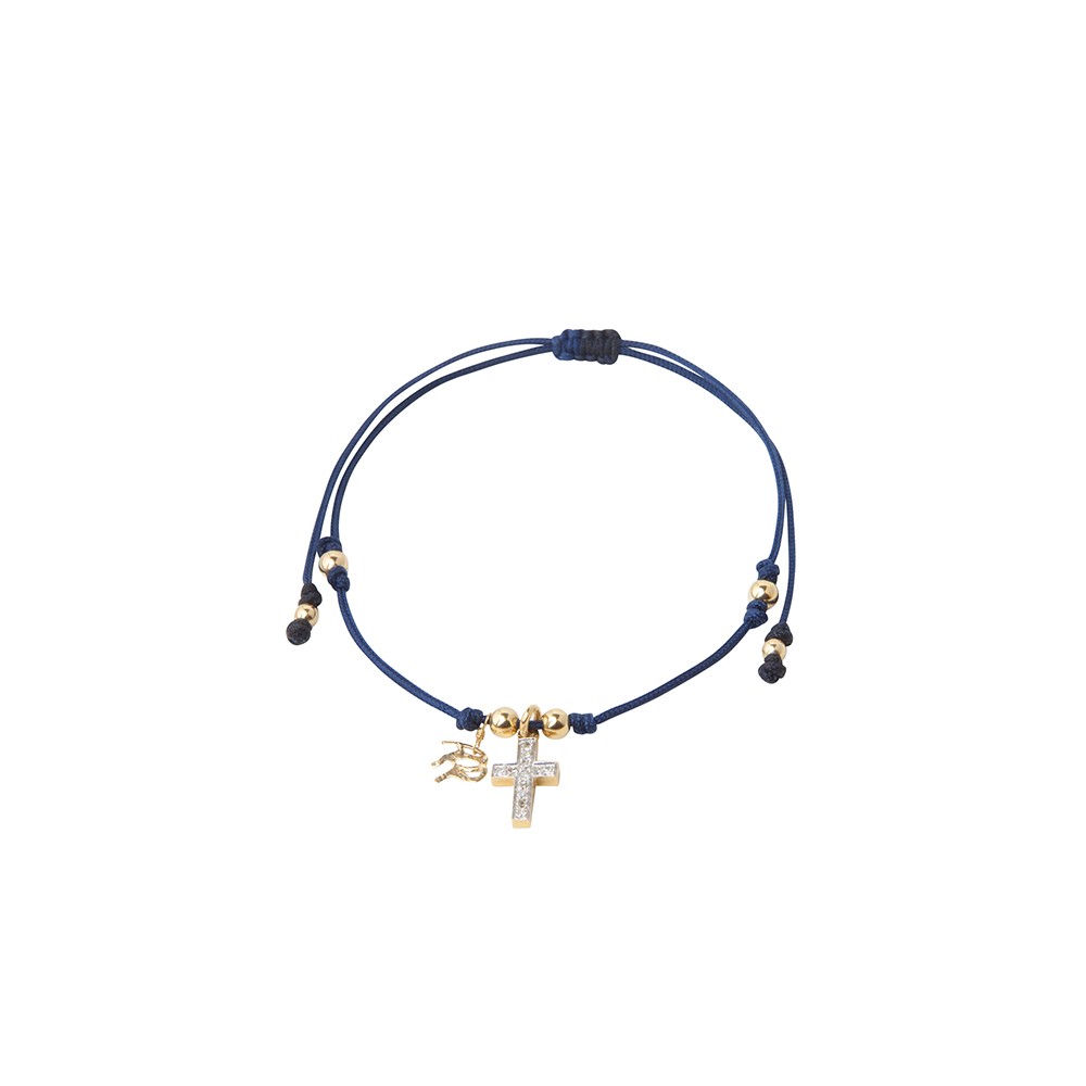 Blue String Bracelet with Diamond Cross Charm