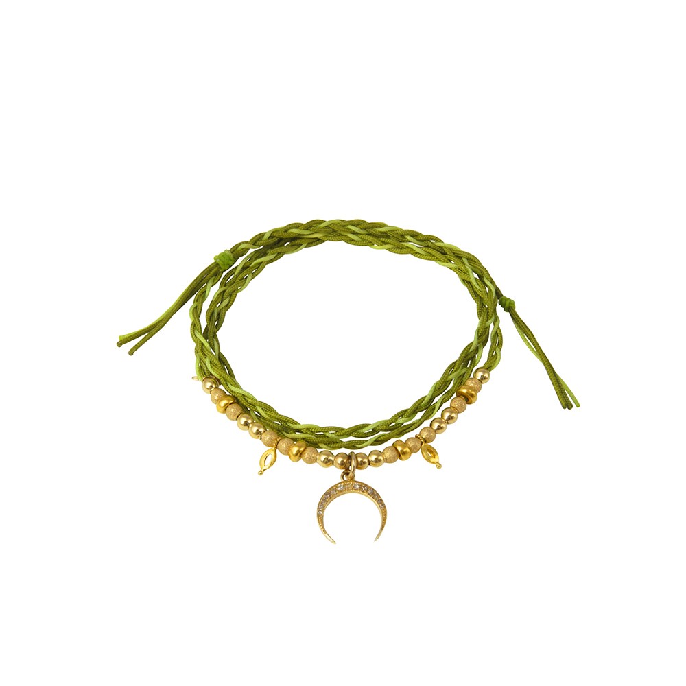Green String Bracelet with Gold Half Moon Charm and Beads