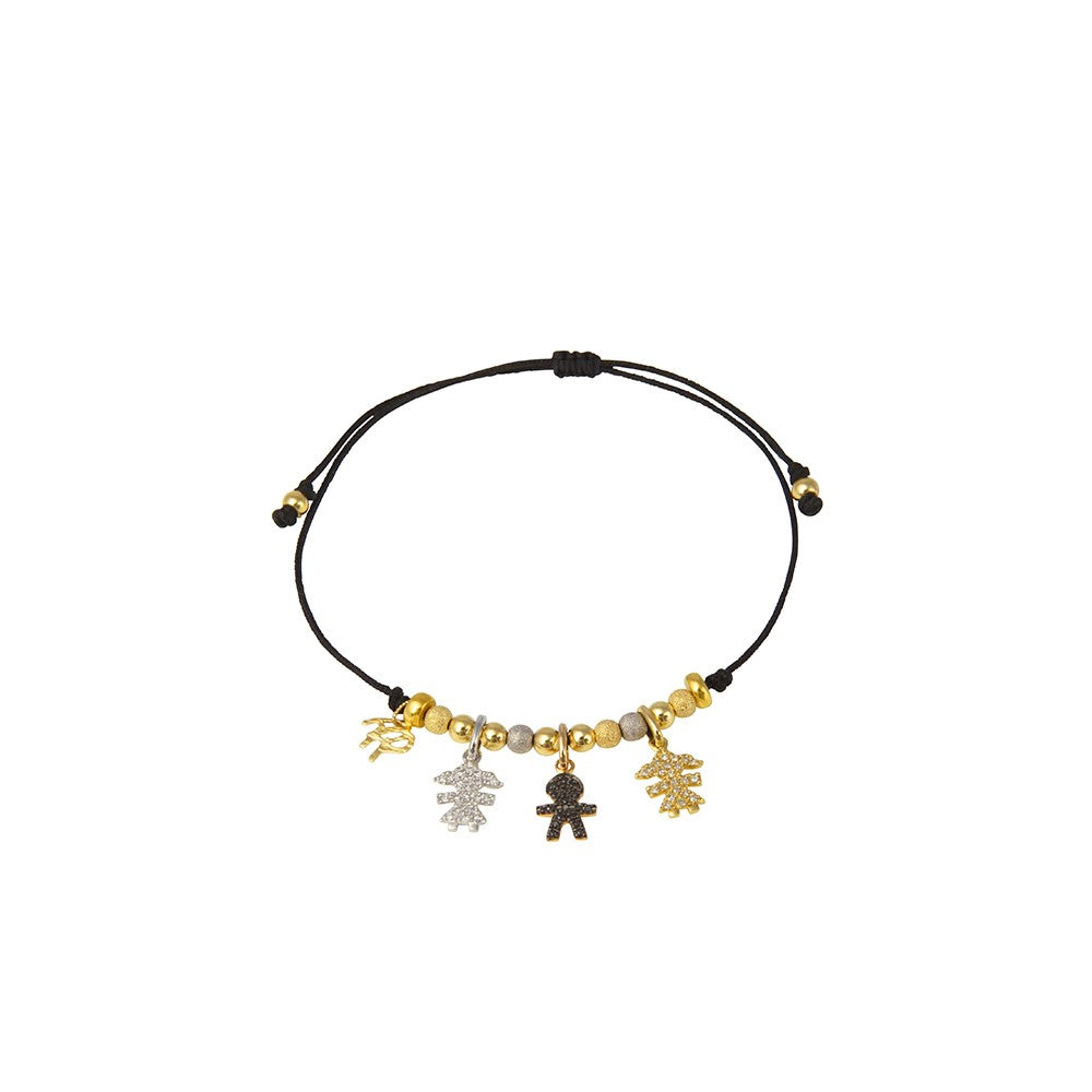 Black String Bracelet with Girl and Boy Diamond-Encrusted Charms
