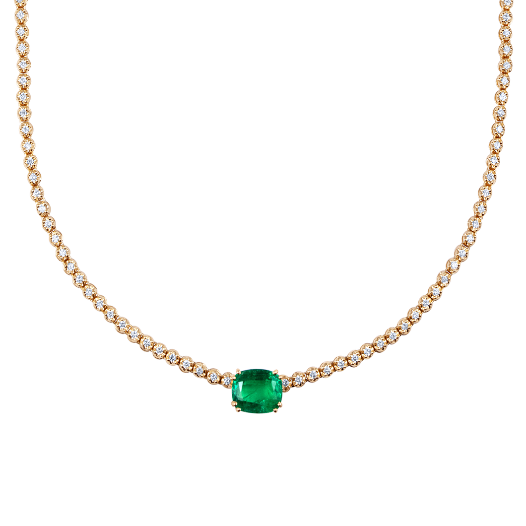 Diamond Tennis Necklace with Emerald Center