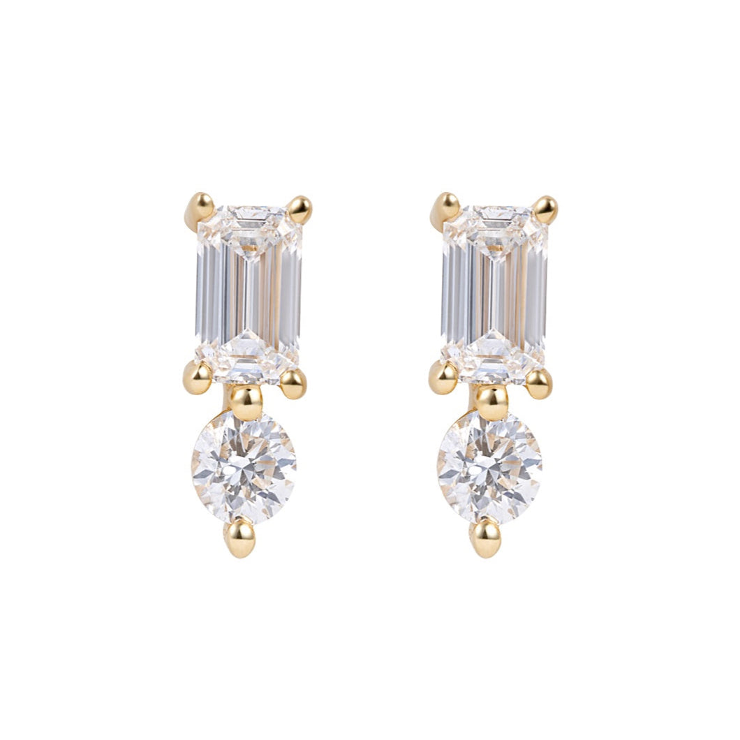Emerald Cut & Round Diamond Stud