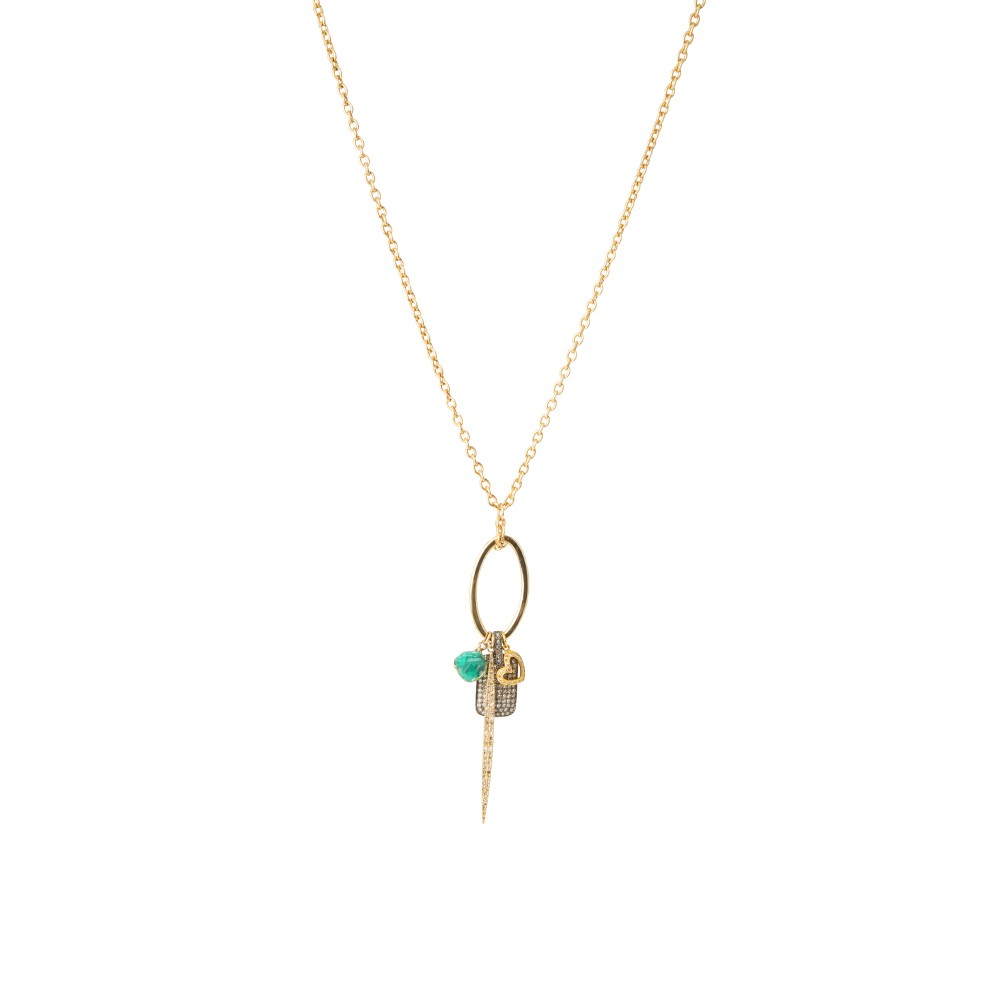 Long Necklace with Emerald, Diamond Encrusted Plate and Heart Charm