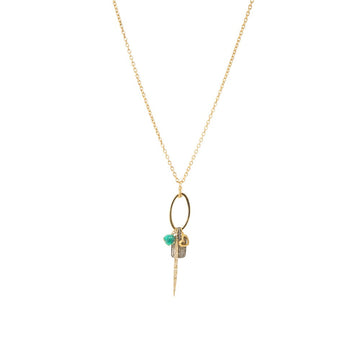 Long Necklace with Emerald, Diamond Encrusted Plate and Heart Charm