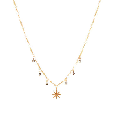 Gold Necklace with Star Burst Charm and Diamond Droplets