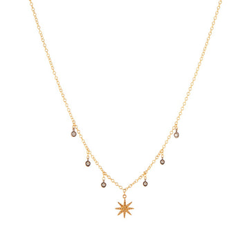 Gold Chain Necklace with Star Burst Charm and Diamond Droplets