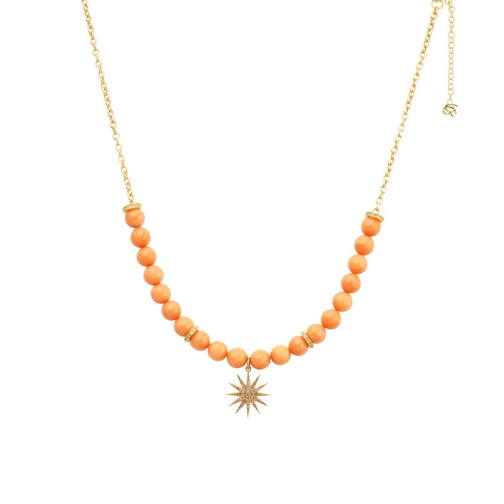 Coral Stone Necklace with Diamond Encrusted Sunburst Charm