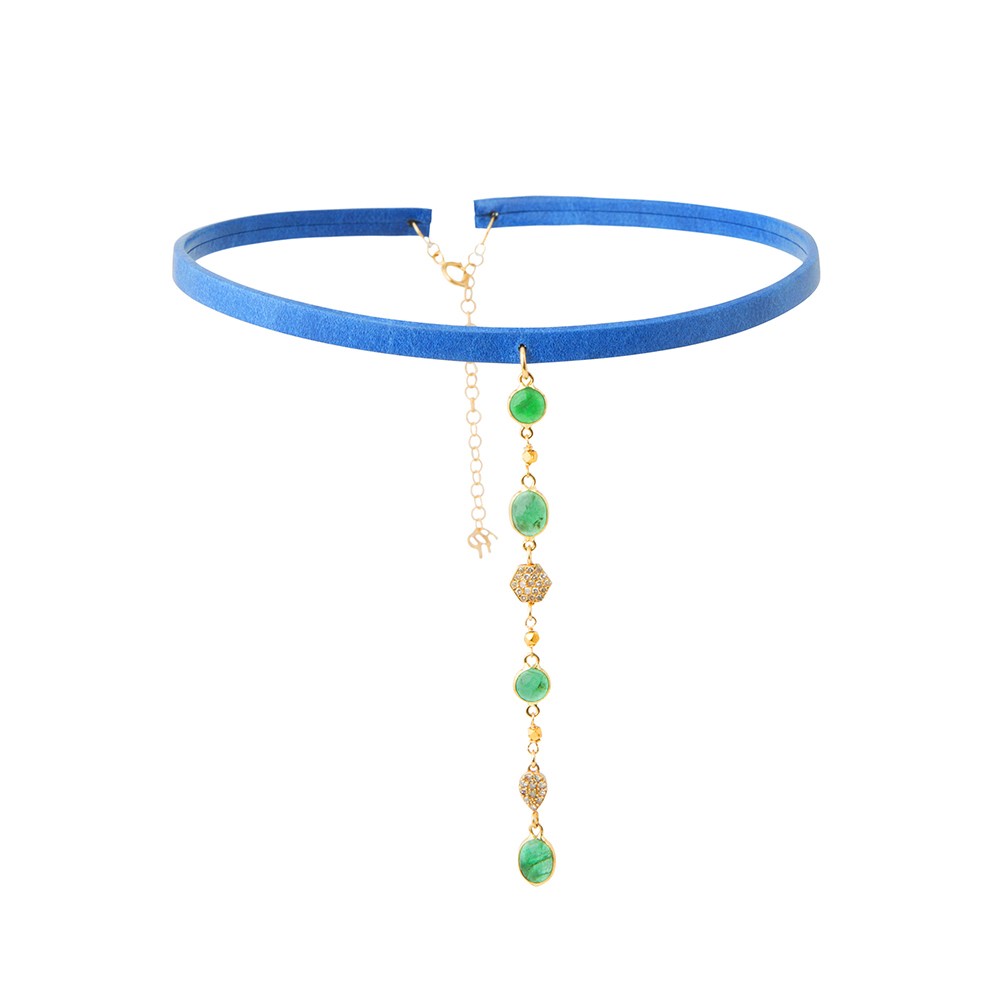 Blue Leather Choker with Cascading Emeralds