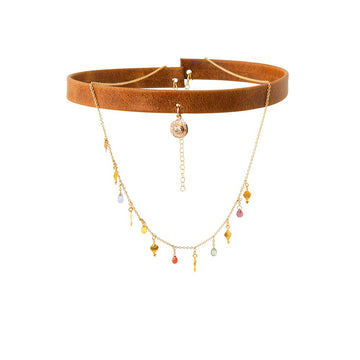 Caramel Brown Leather Choker with Cascading Sapphire Chain and Diamond Solitaire