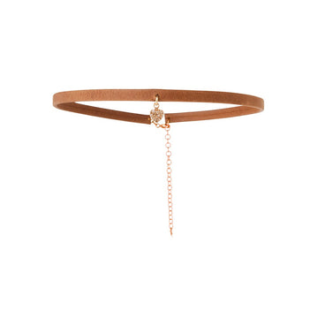 Caramel Leather Choker with Diamond Heart Charm