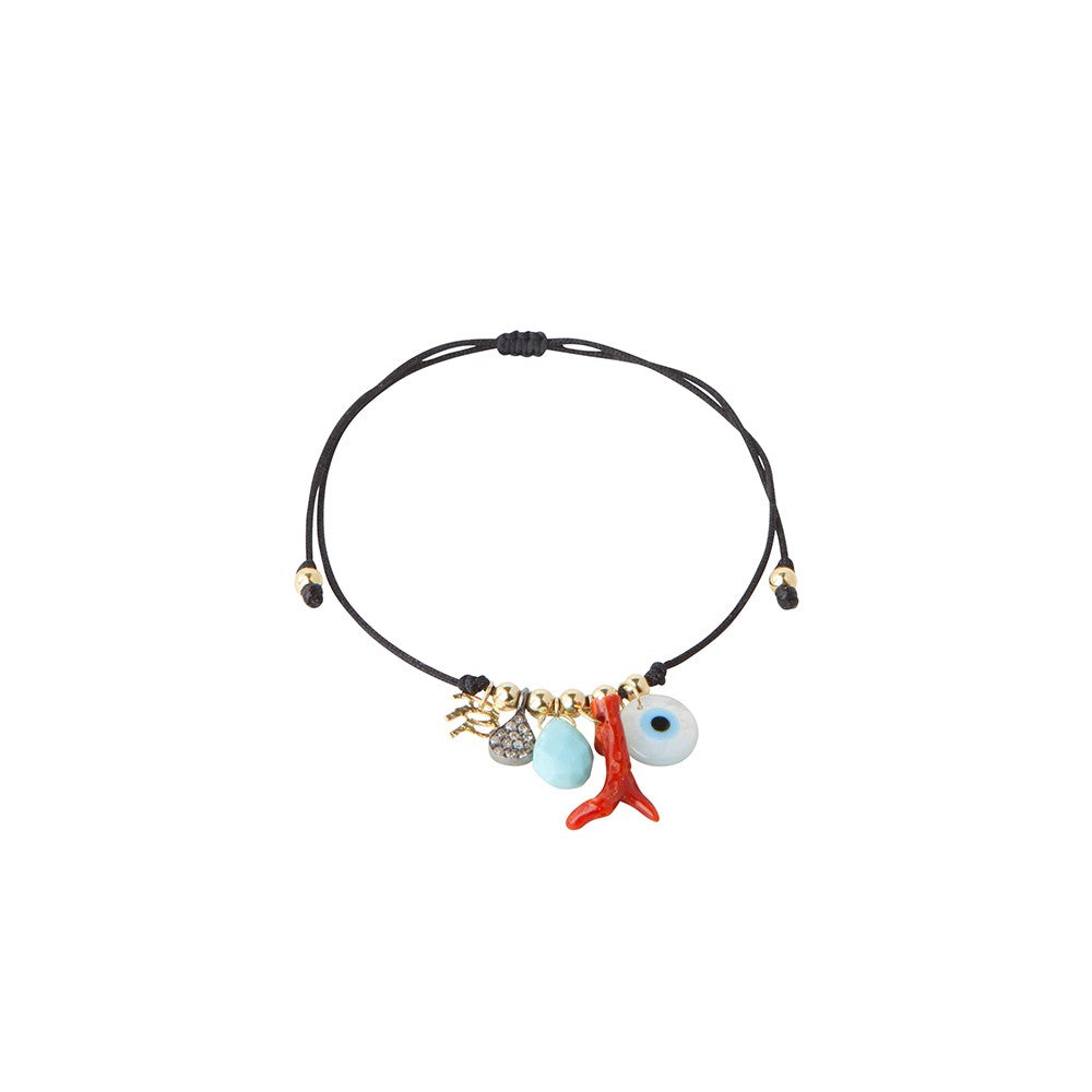 Black String Bracelet with Protective Charms