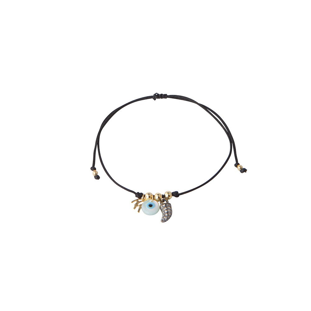 Black String Bracelet with God Eye and Diamond Horn Charm