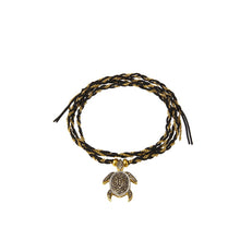 Woven Gold Chain and Black String Bracelet with Diamond Turtle Charm