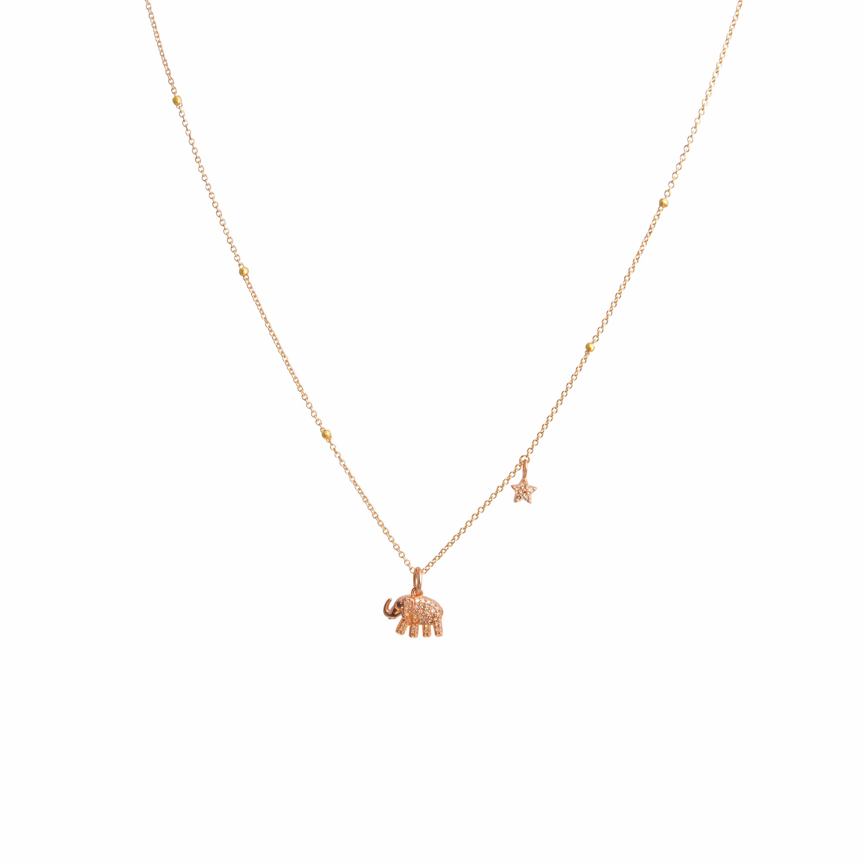 Rose Gold Diamond Elephant Necklace with Tiny Star Charm