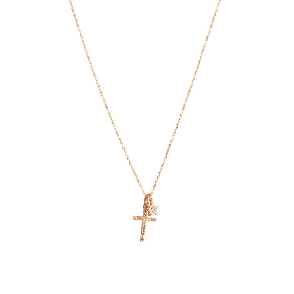 Rose Gold Diamond Encrusted Cross and Tiny Star Charm Necklace