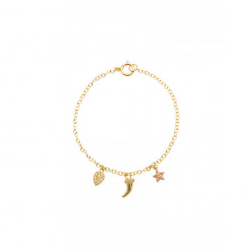 Gold Bracelet with Diamond Drop, Horn and Heart Charms