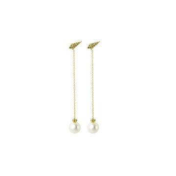 Long Drop Pearl Earrings with Leaf Stud Details