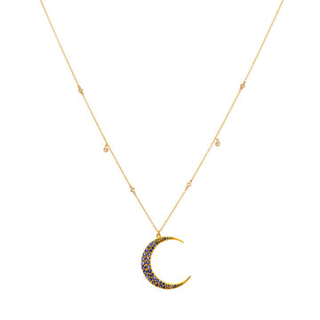 Blue Sapphire Crescent & Diamonds Necklace 