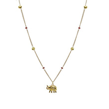 Gold Bead Necklace with Sapphire Accents and Elephant Pendant