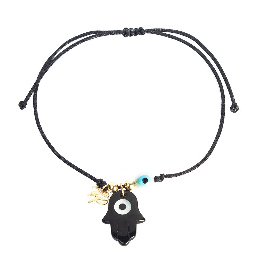 Black String Bracelet with Mother Of Pearl Eye And Hamsa Hand