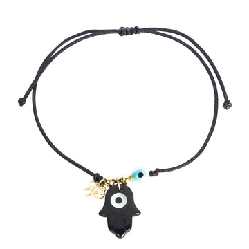Black String Bracelet with Mother Of Pearl Eye And Hamsa Hand Charms